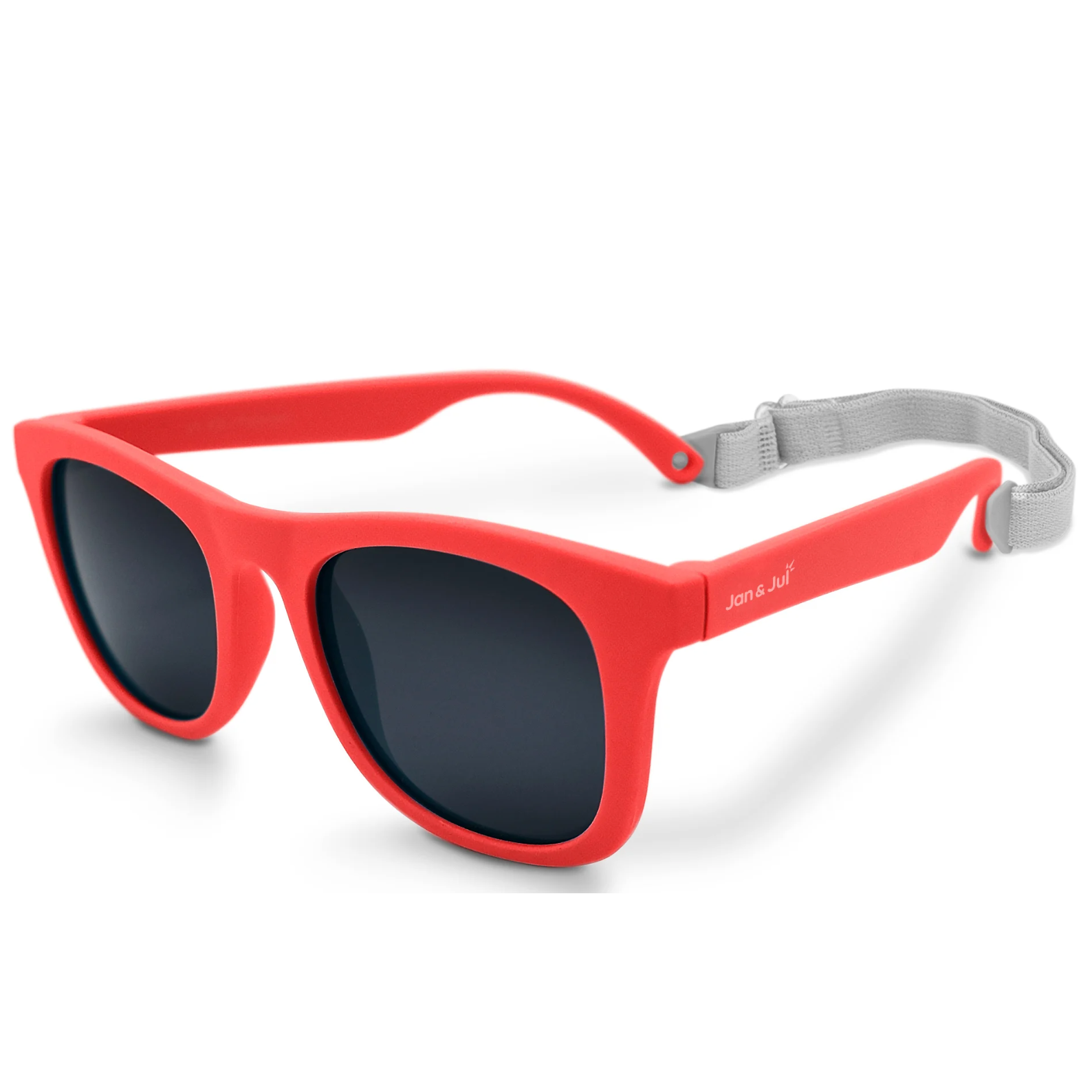 Red sunglasses with a gray strap 