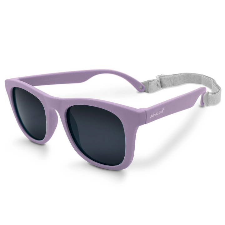 Purple sunglasses with a gray strap to keep in place