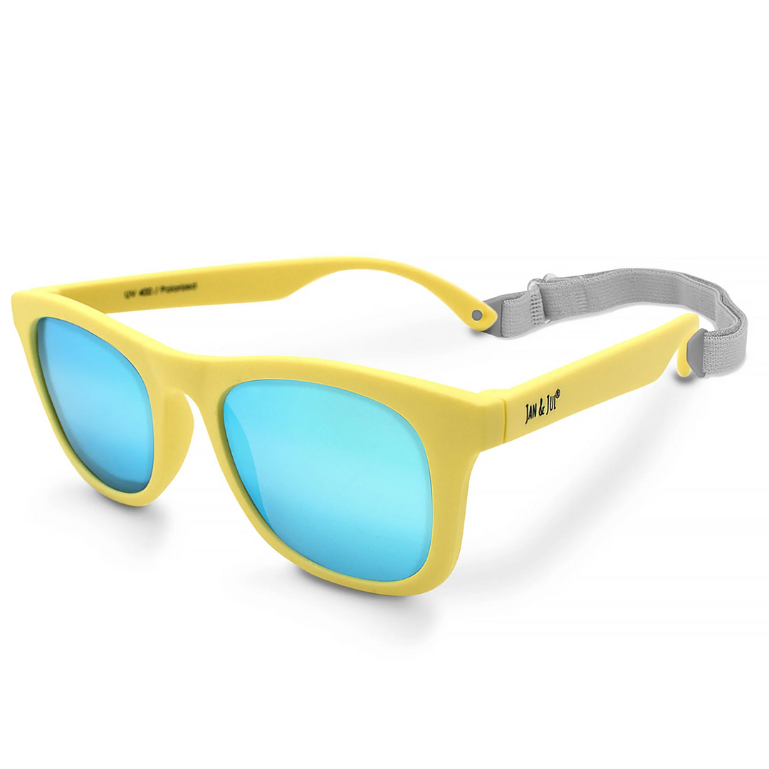 Yellow sunglasses with blue lenses , removable strap to keep glasses in place