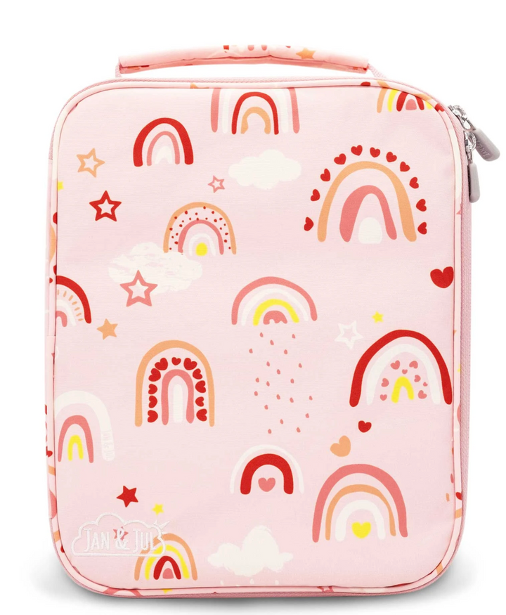 pink lunch bag/box with rainbows