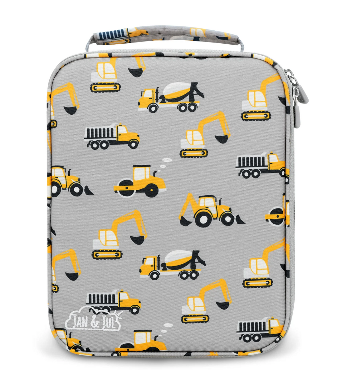 Grey lunch bag /box with yellow trucks on it