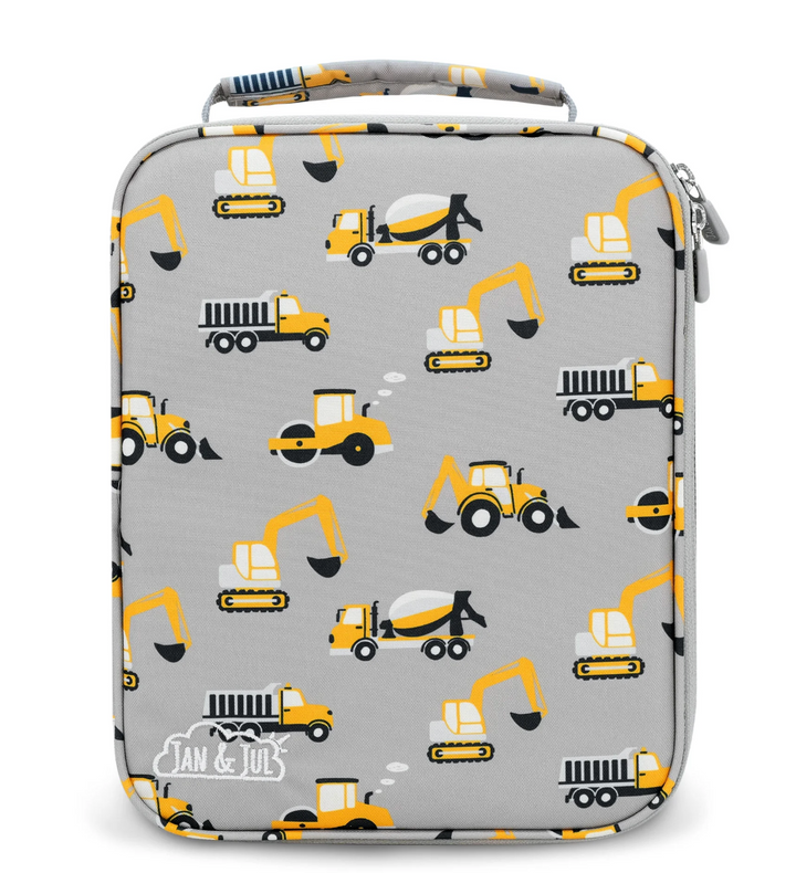 Grey lunch bag /box with yellow trucks on it