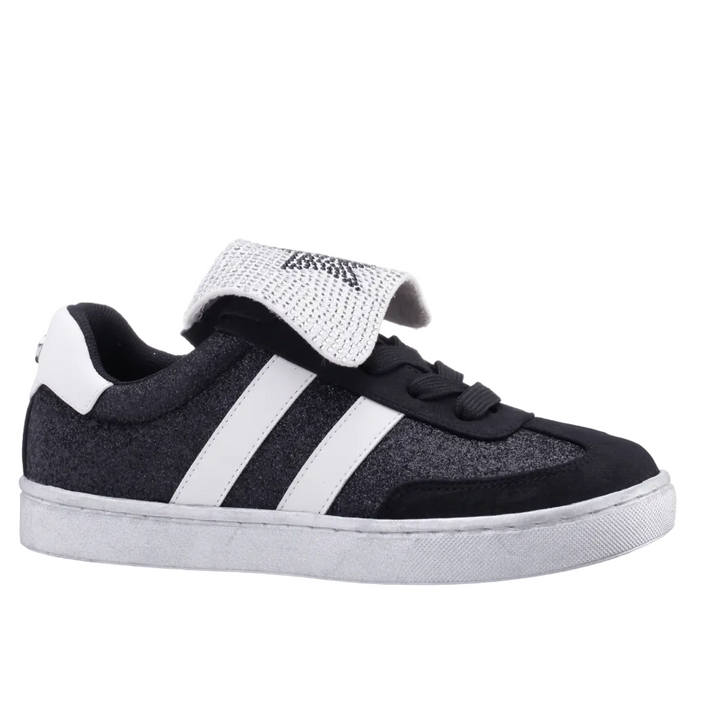 Black and white sneaker with a strap on a white background