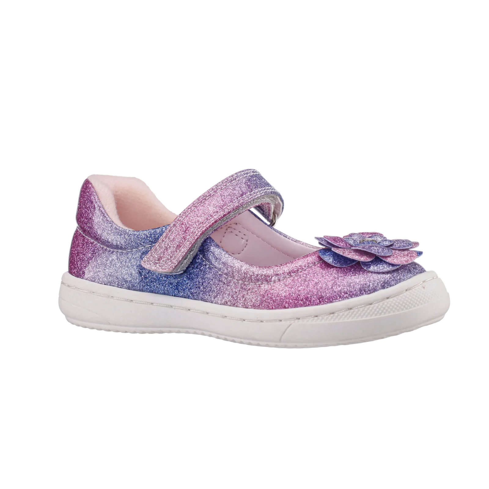 Purple and pink glittery shoe with a flower detail on a white background