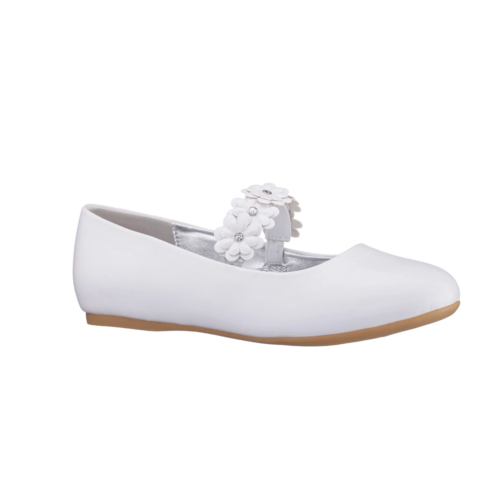 White flat shoe with decorative bow on a white background