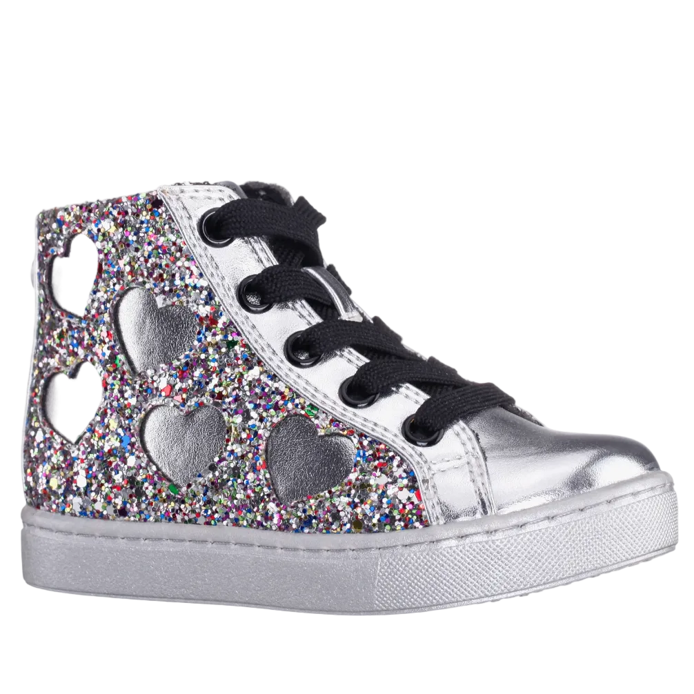 Silver glittery high-top sneaker with heart designs on a white background