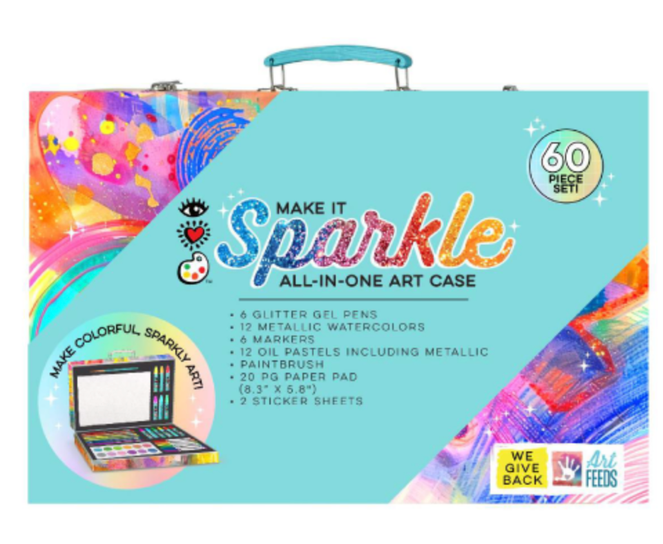Arts and crafts kit . Glitter Gel Pens , 12 Metallic wwatercolors , 6 markers, 2 
oil pastels, paitbrushes and paper pad includied in one case