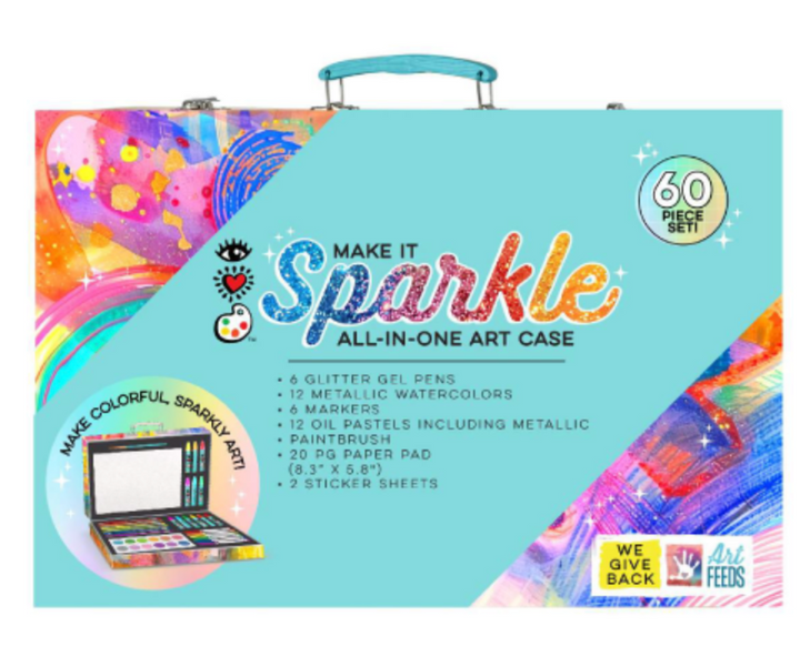 Arts and crafts kit . Glitter Gel Pens , 12 Metallic wwatercolors , 6 markers, 2 
oil pastels, paitbrushes and paper pad includied in one case