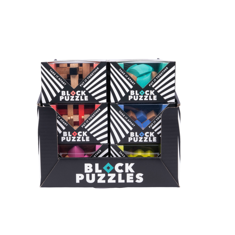 Display of six pocket-sized wooden block puzzles in various colors like natural wood, teal, red, blue, pink, and yellow.