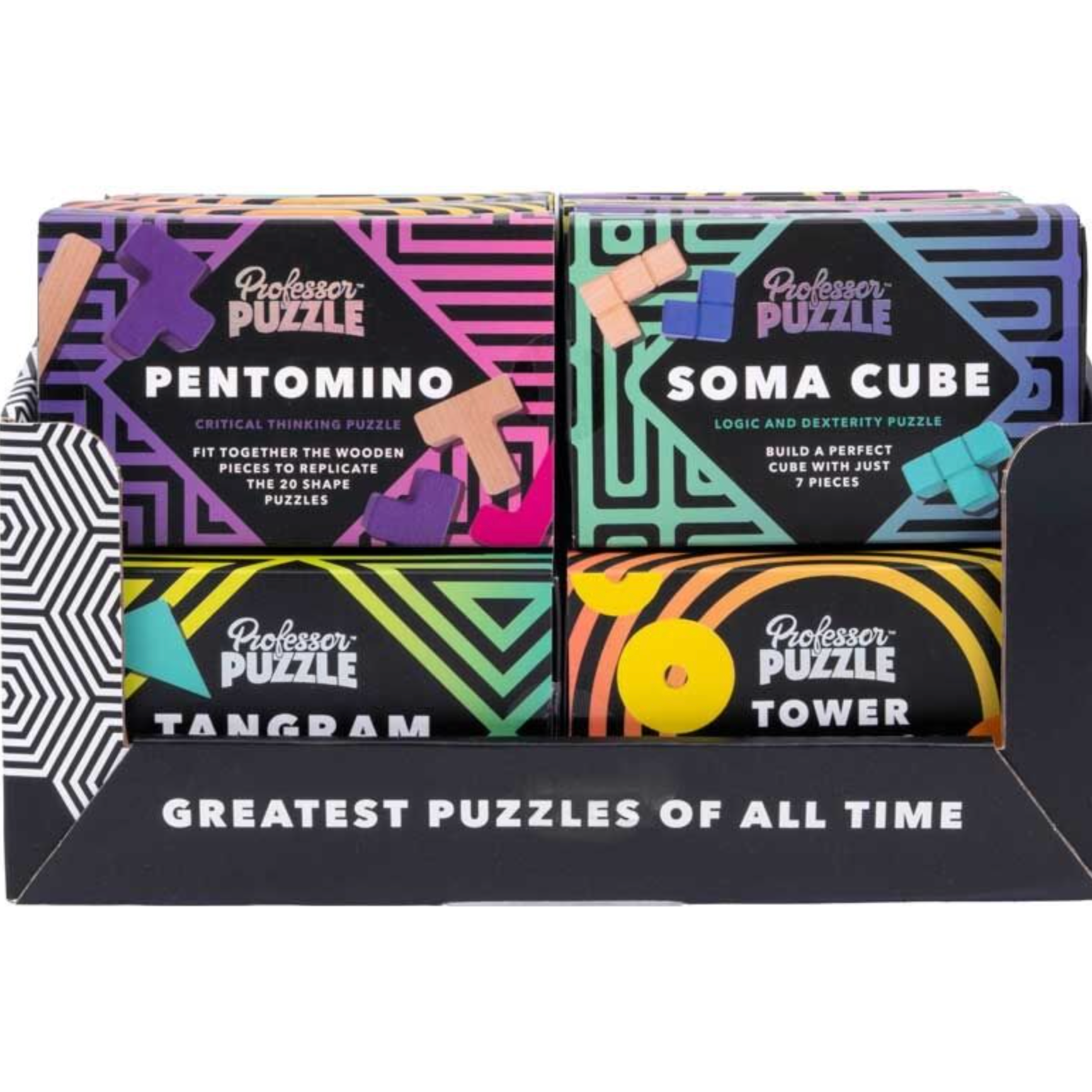 Four colorful Professor Puzzle brain teaser boxes: Pentomino, Soma Cube, Tangram, and Tower, in a display.