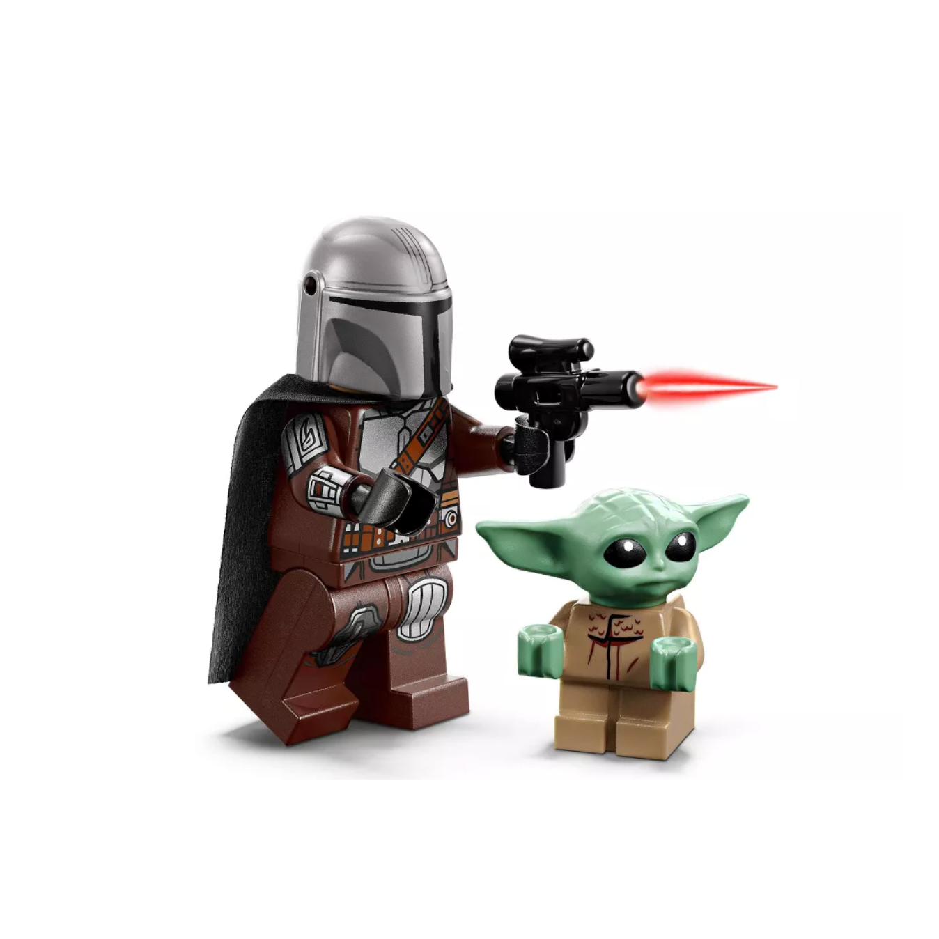 LEGO Star Wars The Mandalorian minifigure standing next to a small green Grogu toy figure, both shown on a clean white background. The Mandalorian figure wears brown and silver armor with a black cape and holds a black blaster emitting a red light effect.