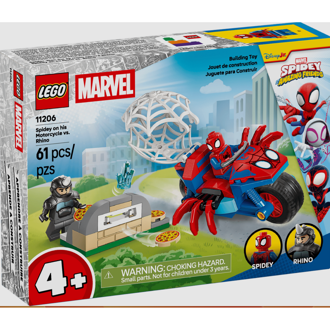 LEGO Marvel Spider-Man set box showing a red and blue spider motorcycle with a spider body, a gray Rhino minifigure, and a web dome structure on a city backdrop. The box includes LEGO and Marvel branding, piece count 61, age 4+, and a warning label.