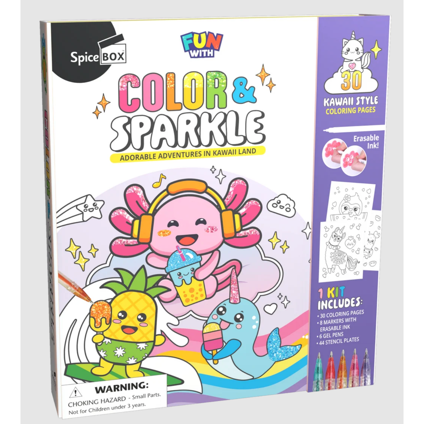 Fun With You Spice Box Color & Sparkle coloring book kit, featuring a white cover with colorful cartoon illustrations of a pink character, pineapple, blue whale, and clouds, alongside a purple side panel detailing the 30 coloring pages and included accessories.