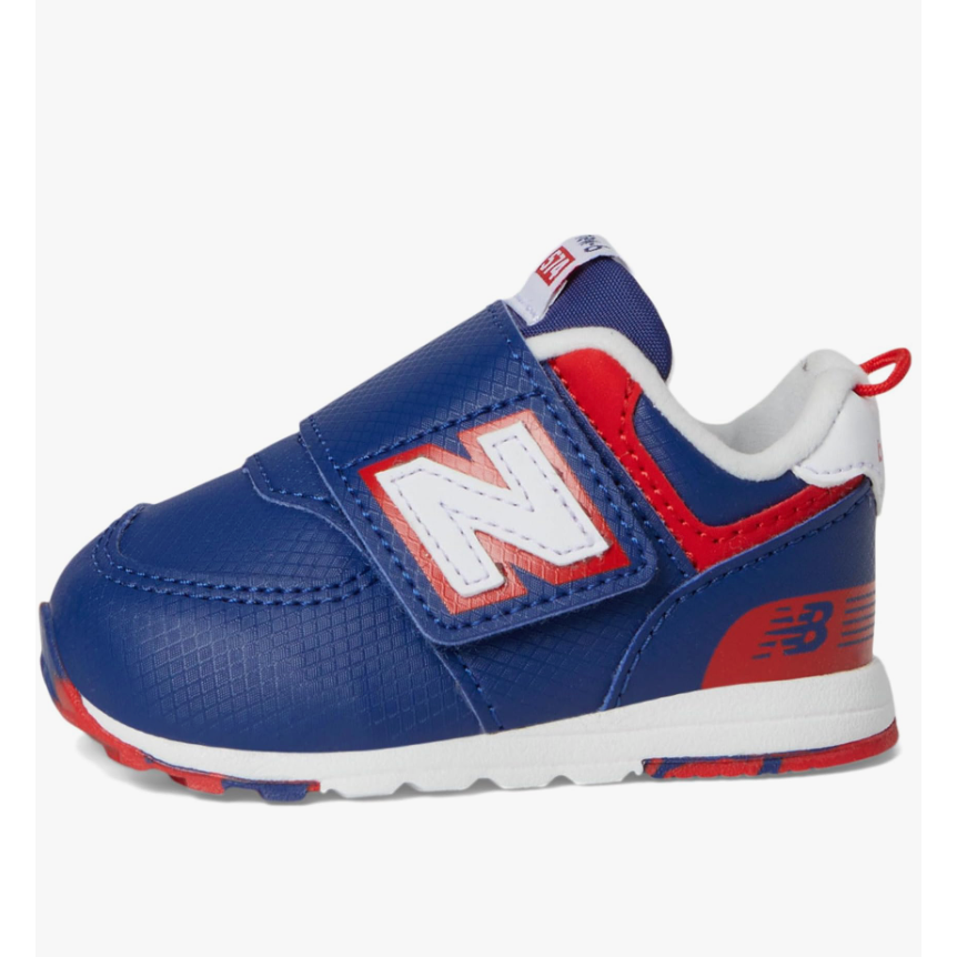 Blue children's sneaker with red and white accents on a white background