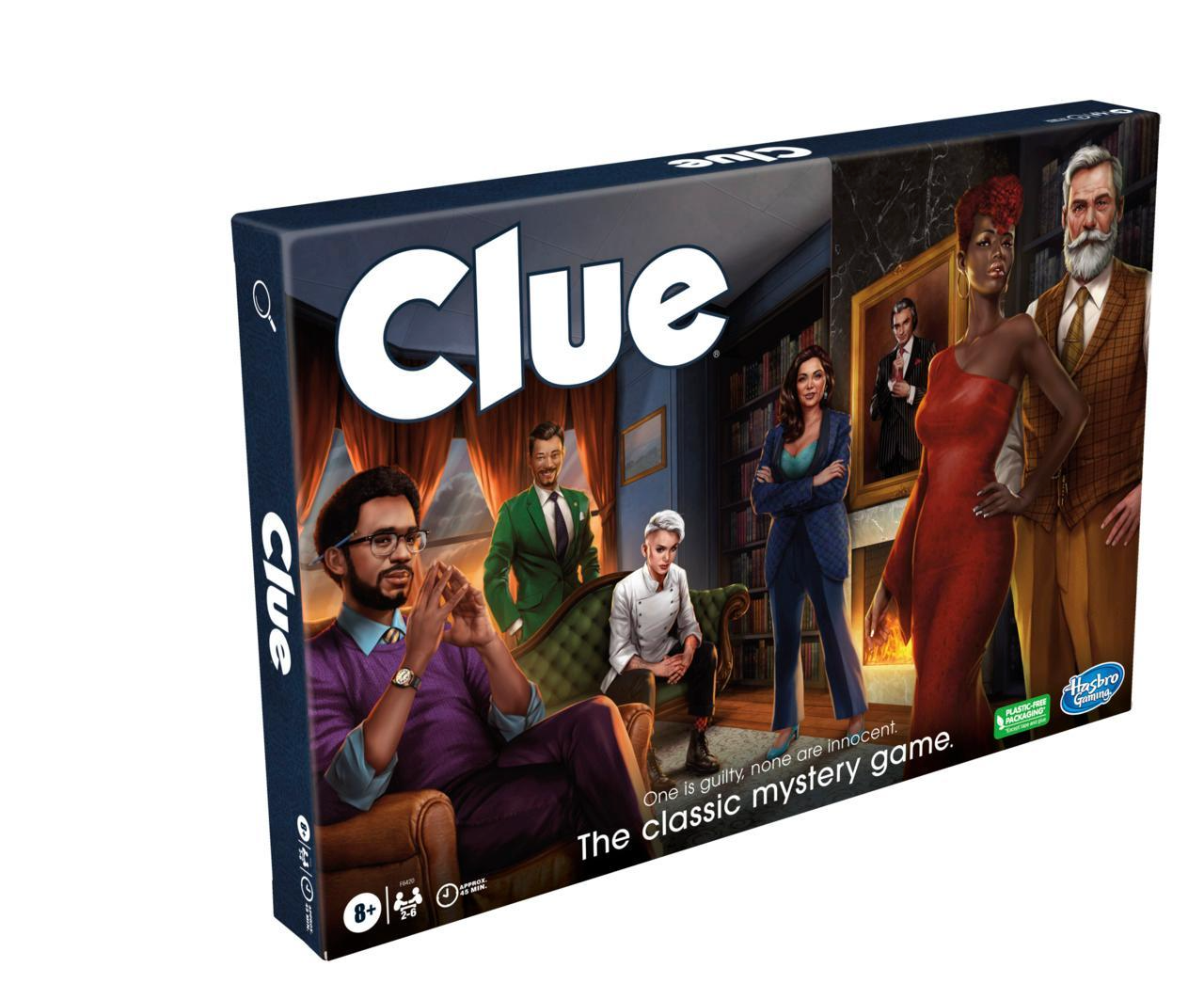 Clue board game box with characters and 'Clue' branding on a white background
