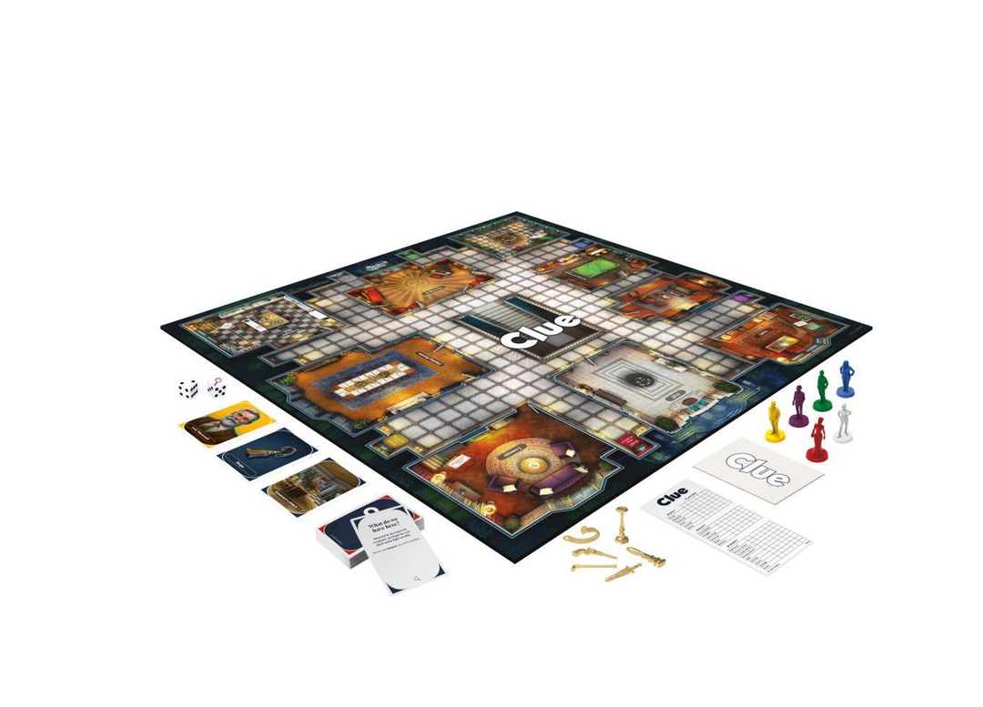 Cluedo board game set with pieces and cards on a white background