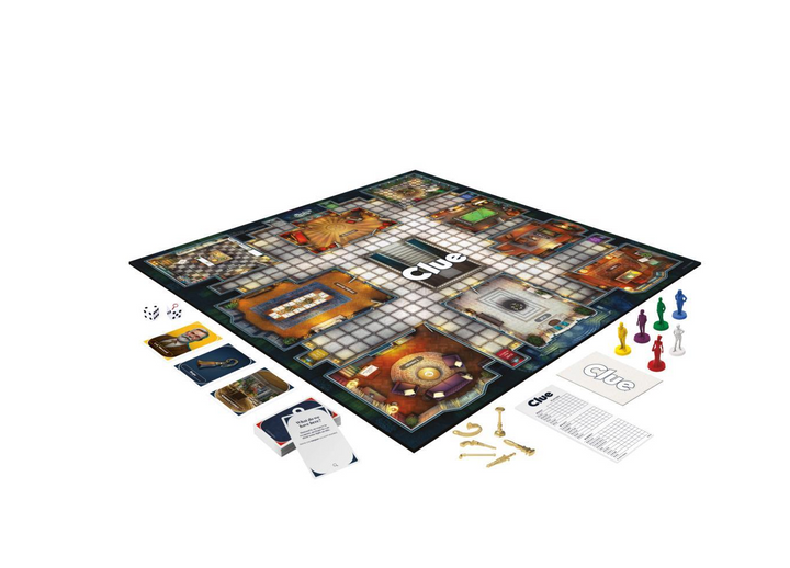 Cluedo board game set with pieces and cards on a white background