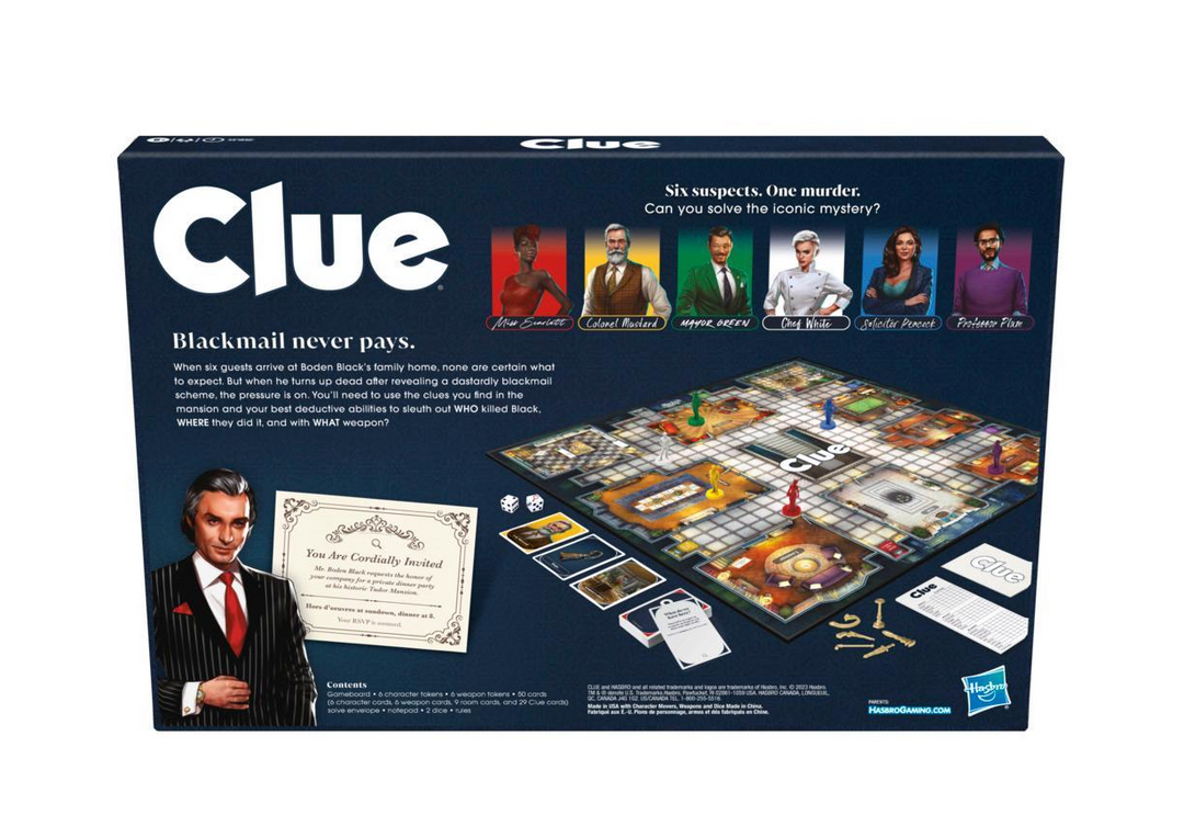 Clue board game box with character illustrations and game layout on a white background