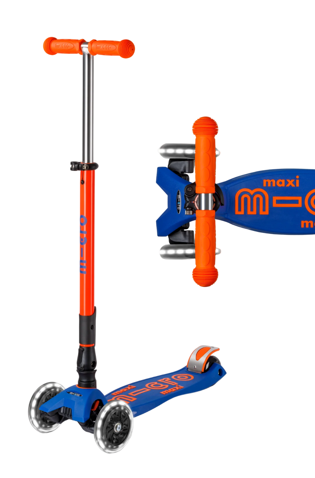 Two scooter toys, one orange and one blue, with 'maxi micro' branding on a white background.