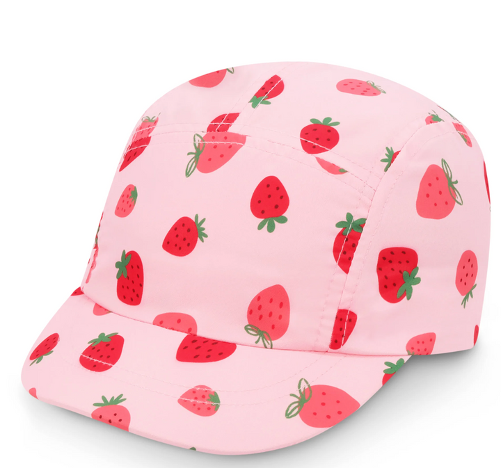 Pink cap with strawberry pattern on a white background