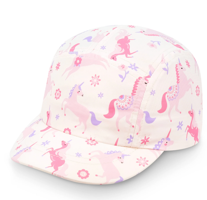 Pink unicorn patterned cap on a white background