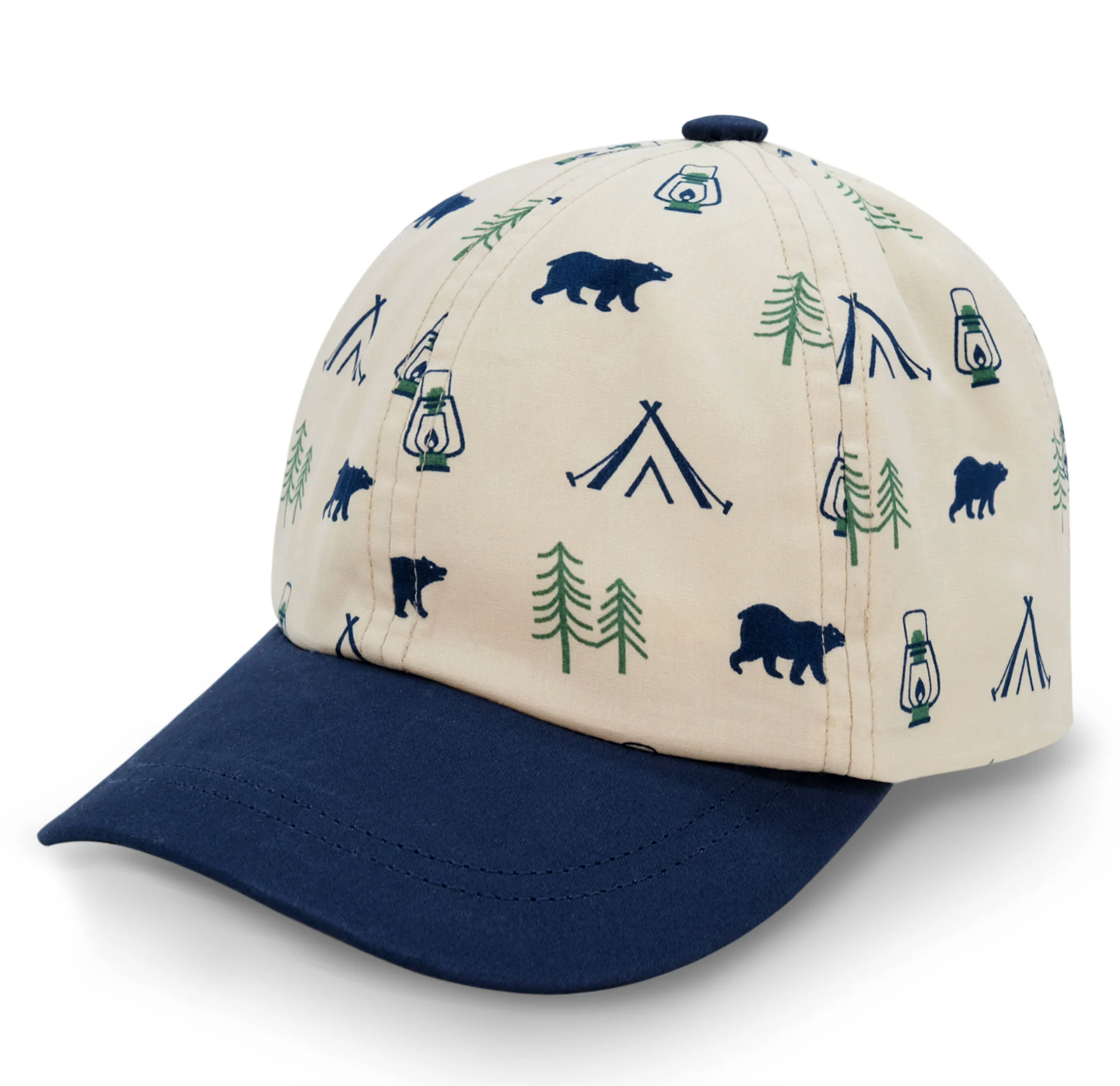 Cap with nature-themed design featuring bears, trees, and tents 