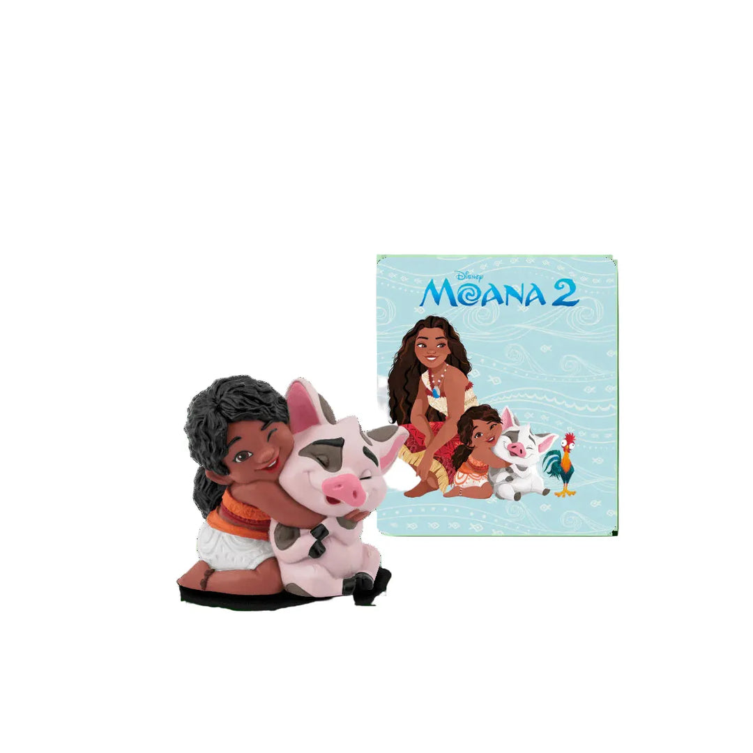 Toy figure of a child hugging a pig with a 'Moana 2' toy box in the background.