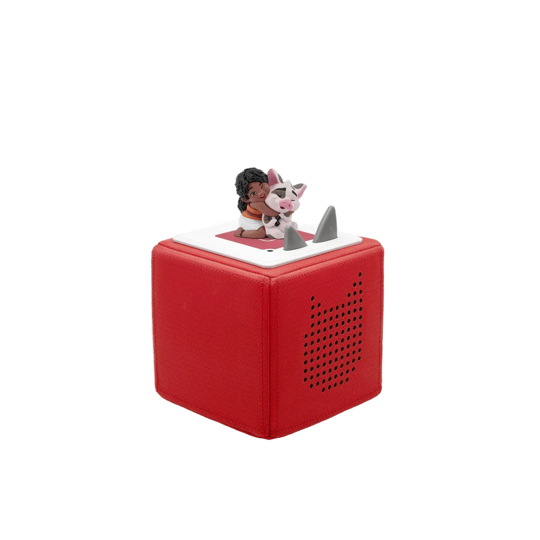 Red toy box with figurines on a white background