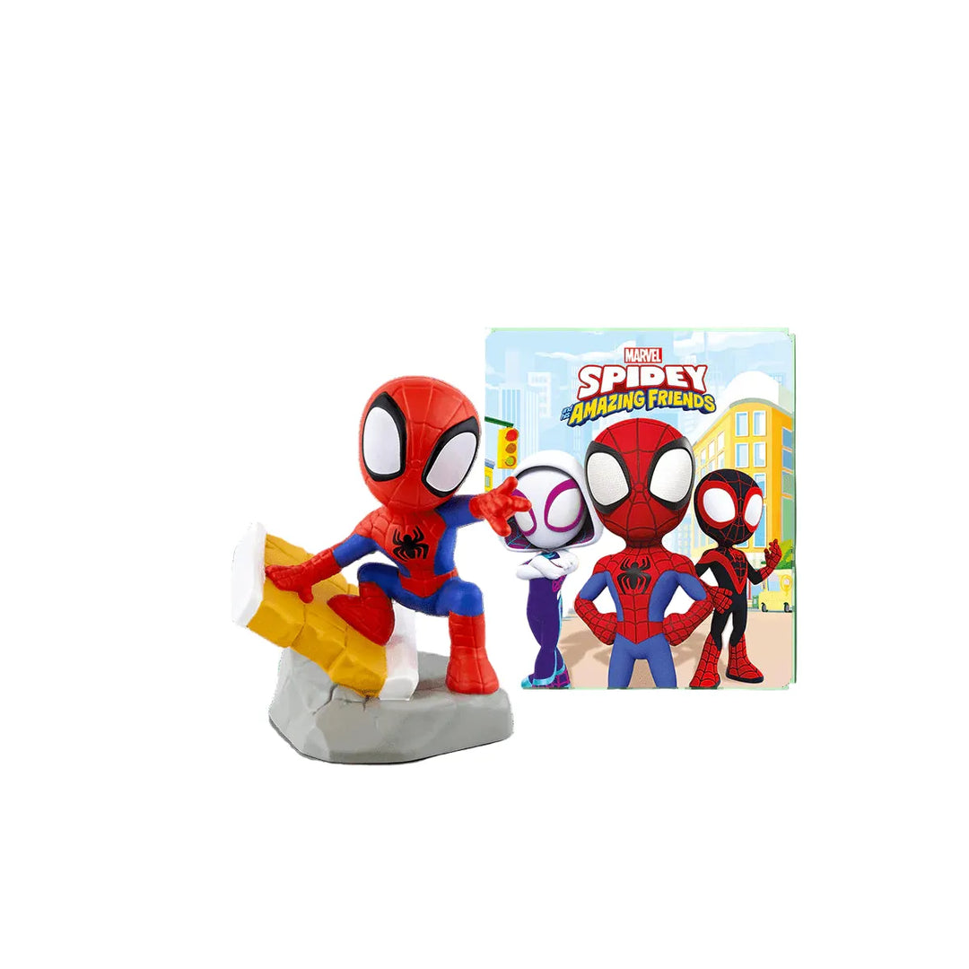 Spider-Man figurine with a smaller Spider-Man figure and packaging in the background on a white background