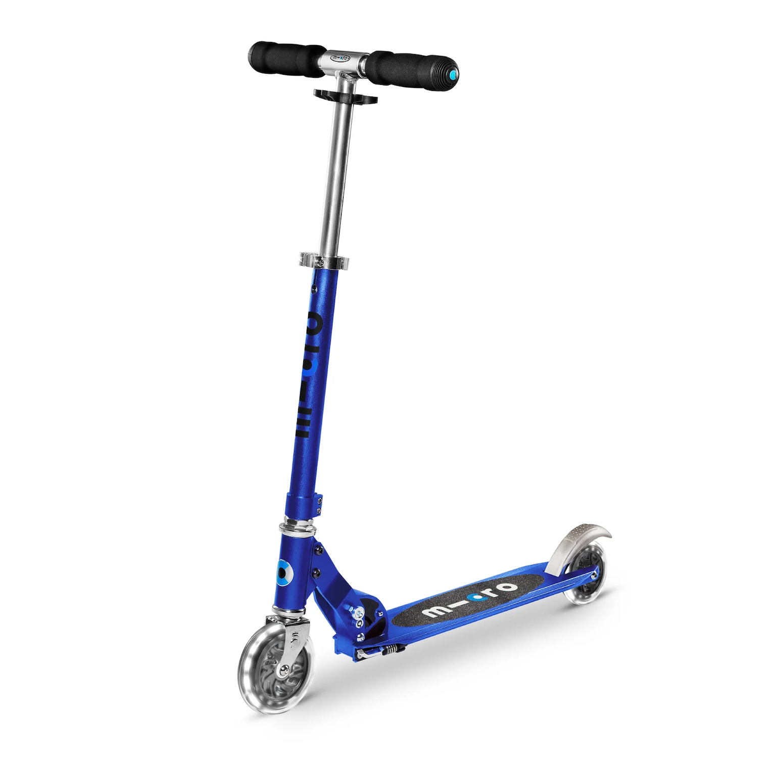 Blue scooter with black handlebar on a white background