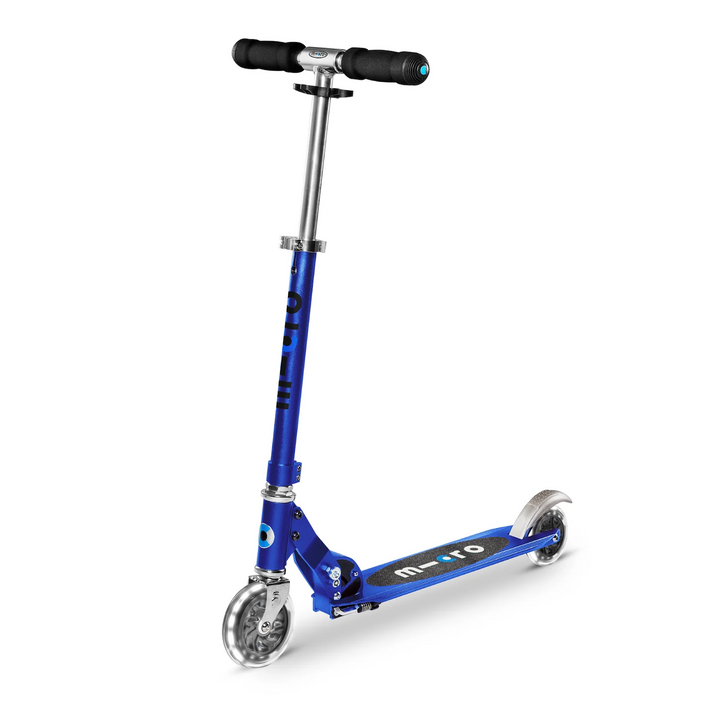 Blue scooter with black handlebar on a white background