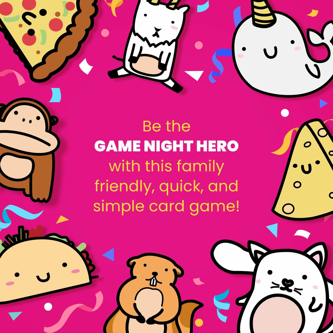 Card game packaging with cartoon animals and text on a pink background