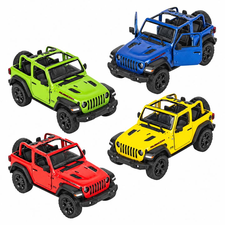 Four assorted colors of 5-inch die-cast Jeep Wrangler toys