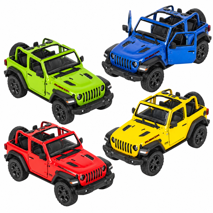 Four die-cast Jeep Wrangler toy cars in green blue red and yellow