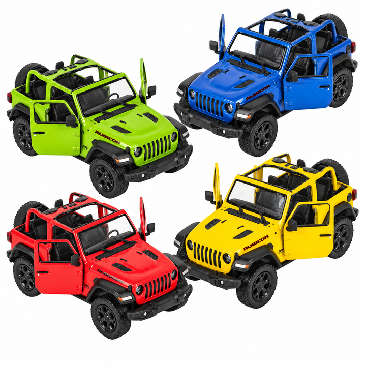 Four Jeep Wrangler die-cast toy colors with doors open
