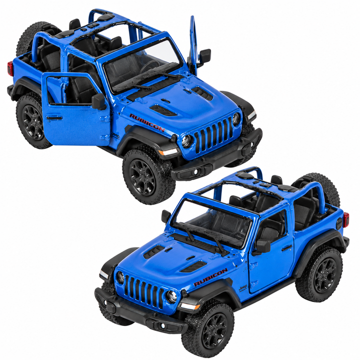Blue 5-inch die-cast Jeep Wrangler open top toy doors open and closed