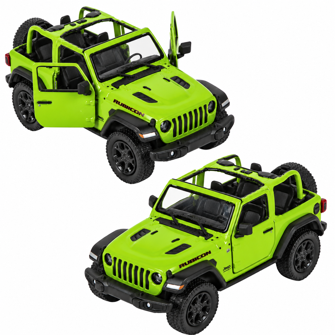 Green 5-inch die-cast Jeep Wrangler open top toy with doors open and closed