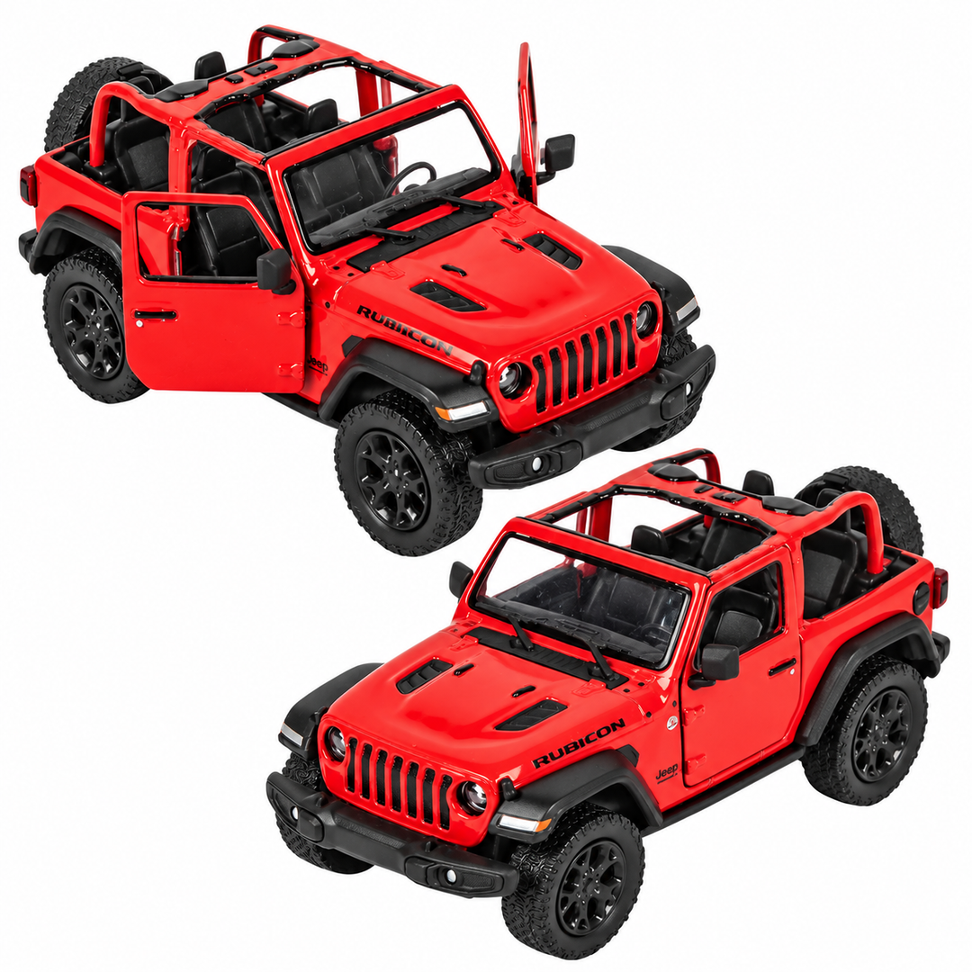 Red 5-inch die-cast Jeep Wrangler open top toy doors open and closed
