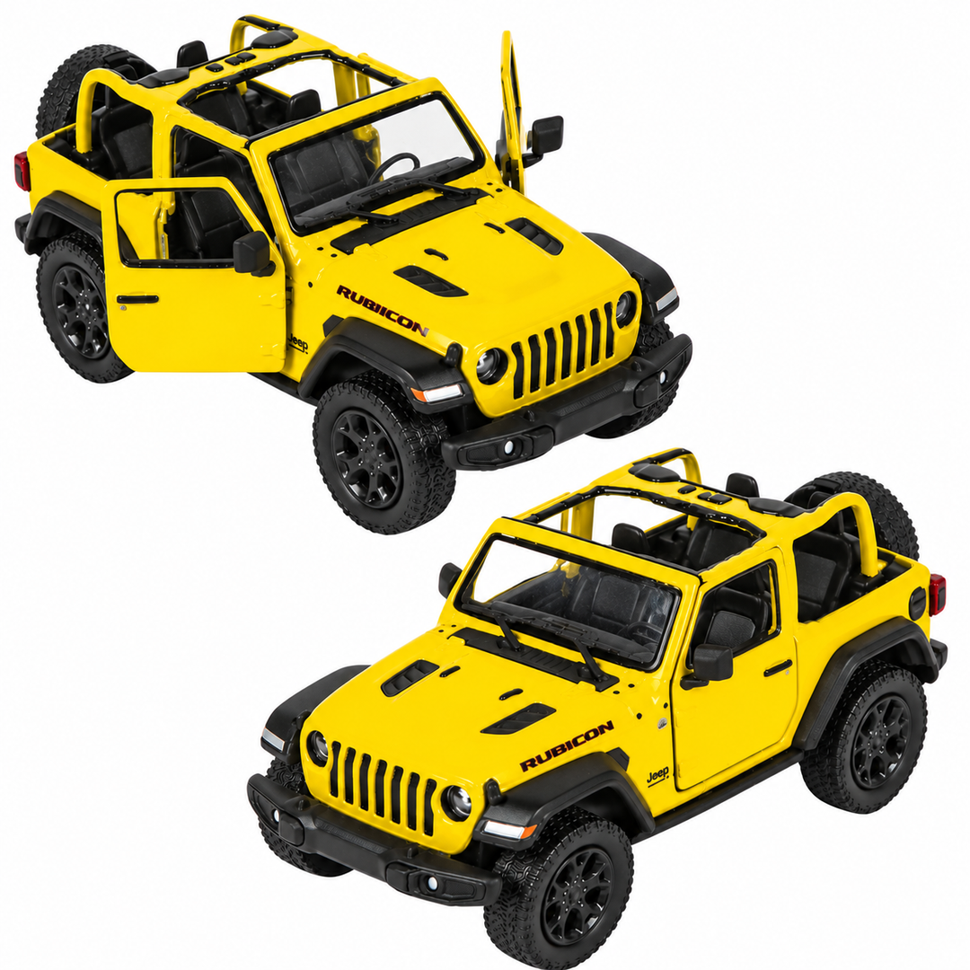 Yellow 5-inch die-cast Jeep Wrangler open top toy doors open and closed