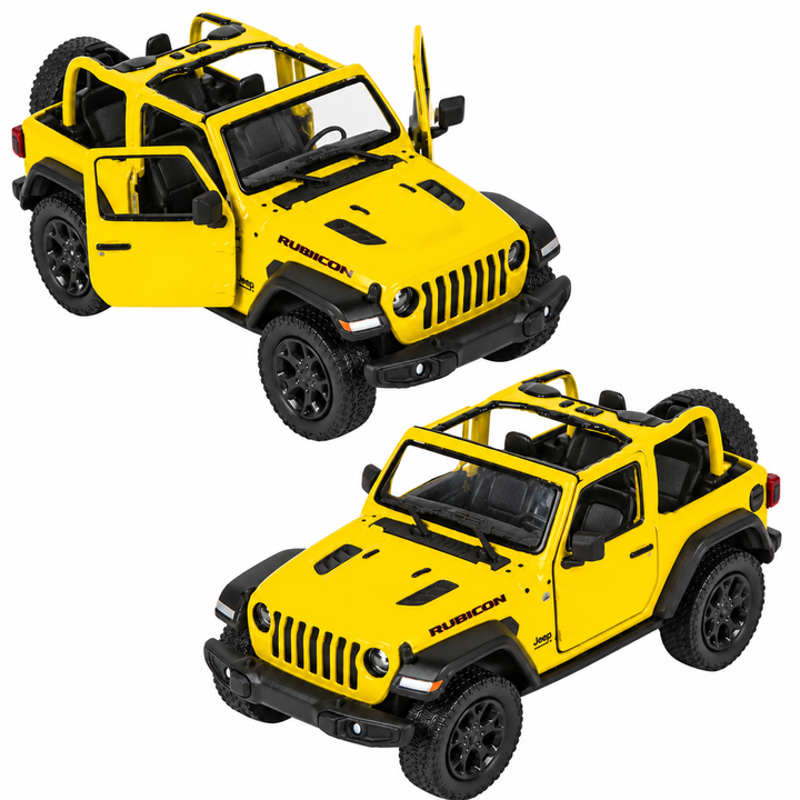 Yellow 5-inch die-cast Jeep Wrangler open top toy doors open and closed