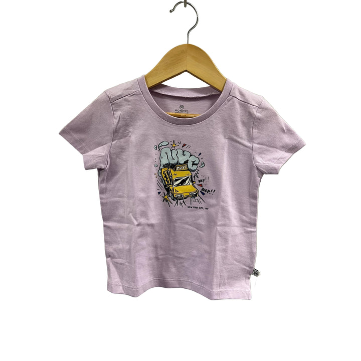 Purple t-shirt with a graphic design on a hanger against a light gray background