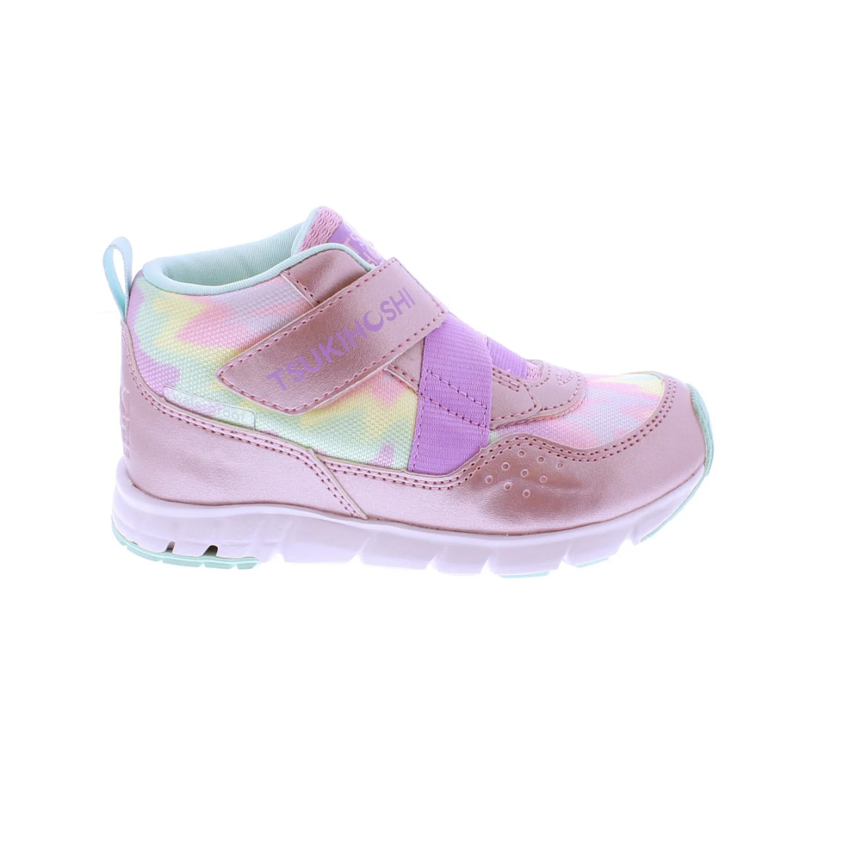 Pink children's shoe with multicolor pattern on a white background