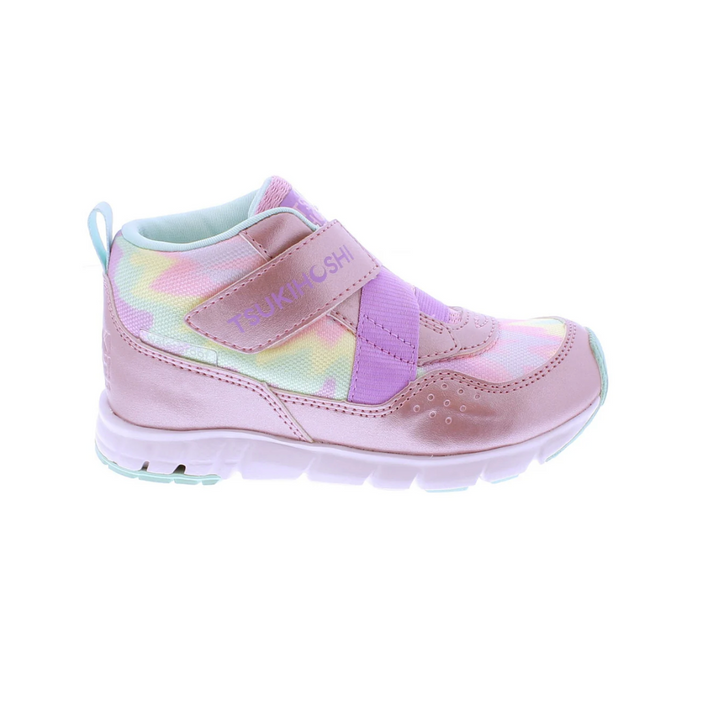 Pink children's shoe with multicolor pattern on a white background
