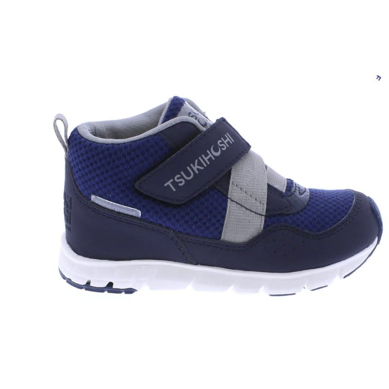 Navy and gray shoe with a visible brand logo on a white background