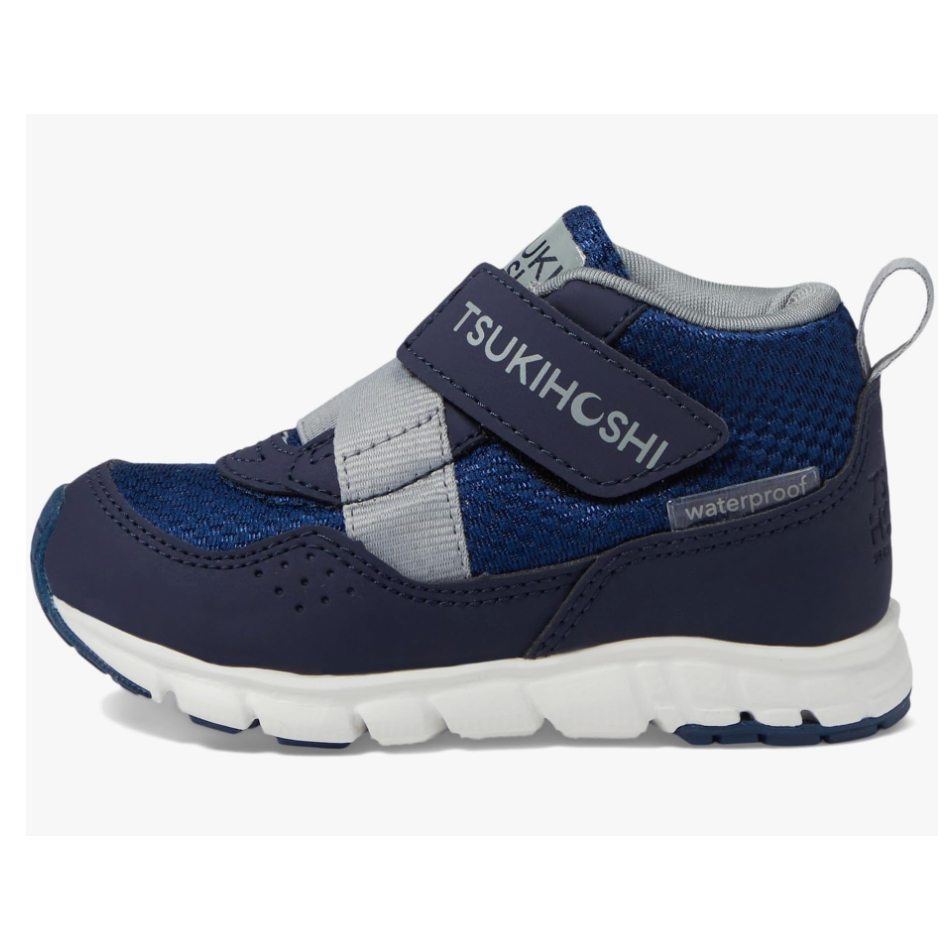 Navy blue children's shoe with gray accents and 'Tsukihoshi' branding on a white background