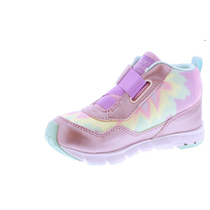 Pink and purple tie-dye sneaker with a white sole on a white background