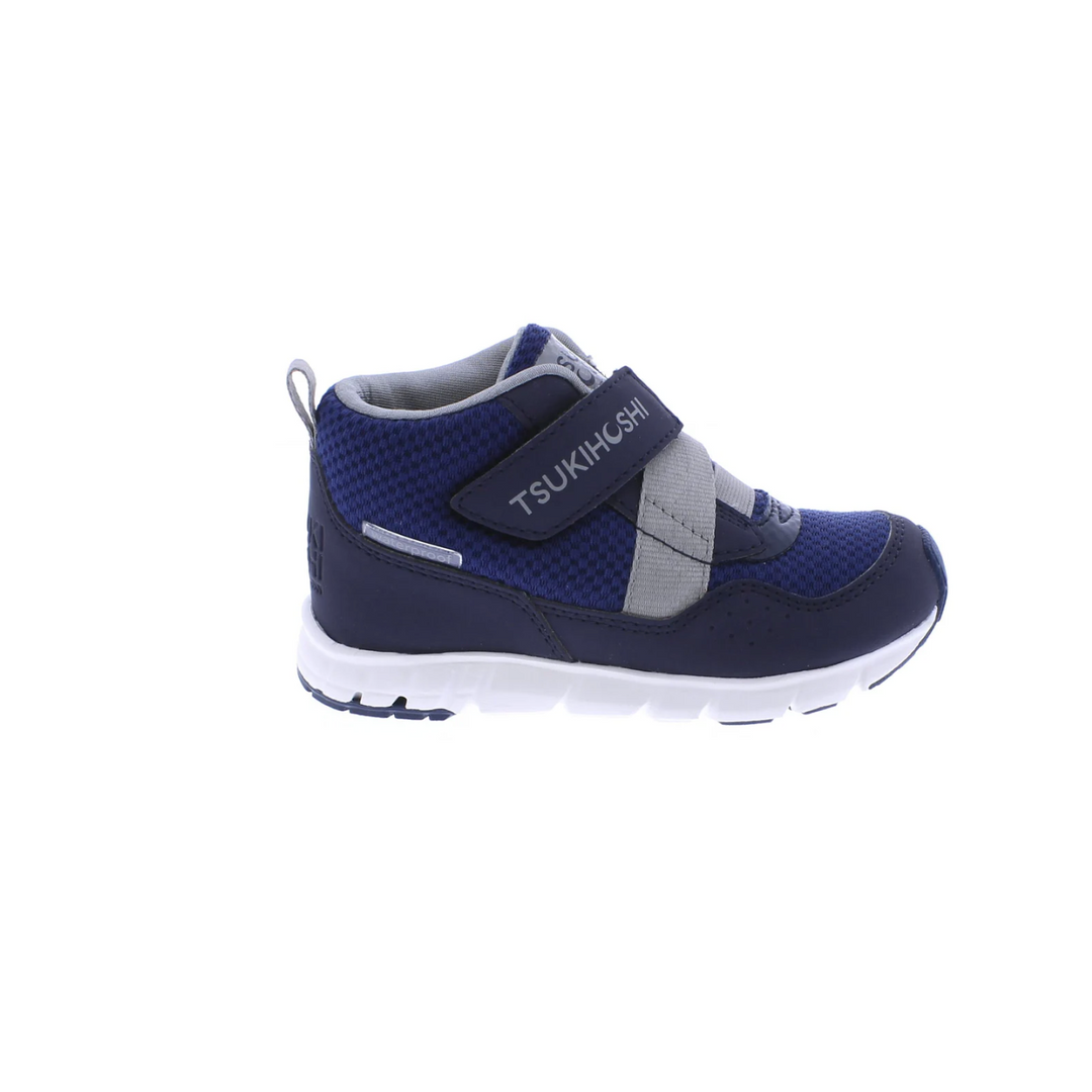 Navy blue children's shoe with gray accents on a white background