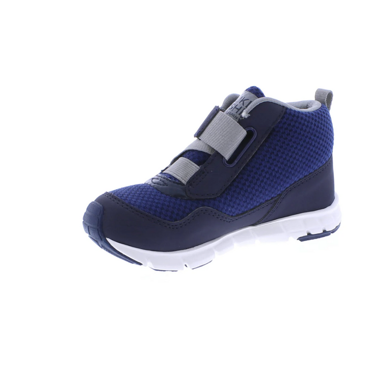 Blue and gray children's shoe with velcro straps on a white background