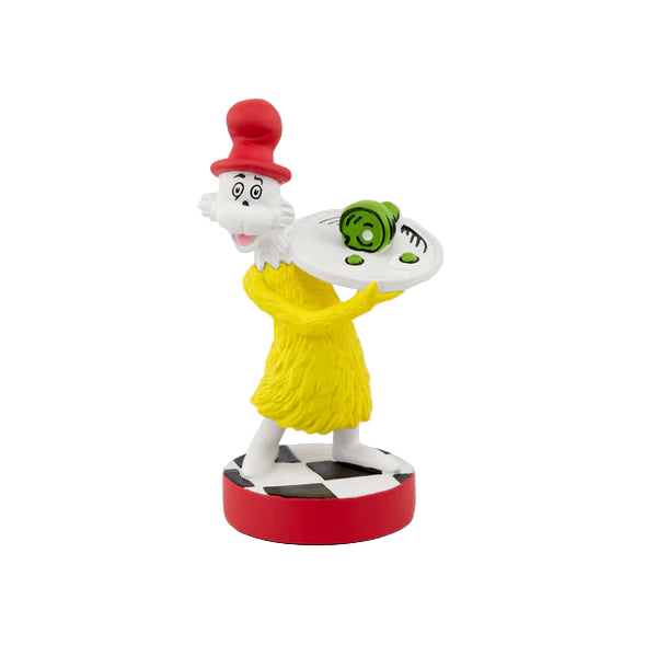 A figurine of Dr. Seuss character Sam-I-Am holding a plate with green eggs and ham.