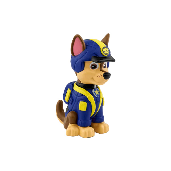 Toy figure of a dog in a blue uniform with a helmet on a white background